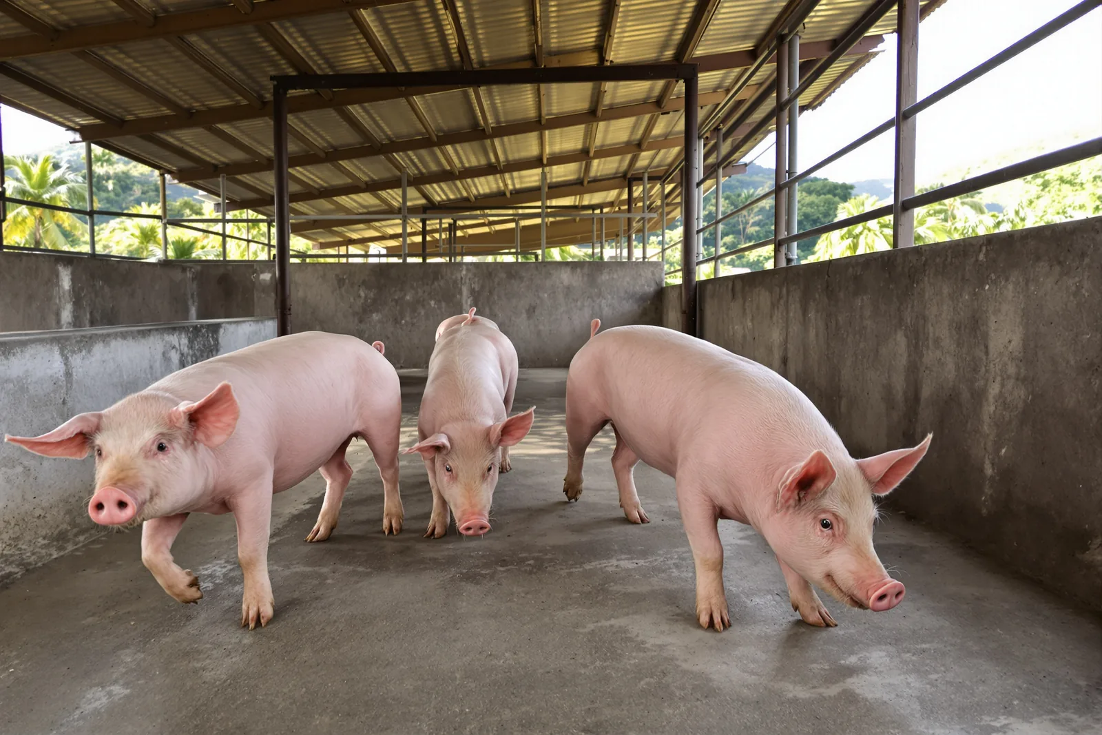 Three lechon-size pigs, about 30 kg, walking in a clean concrete pen