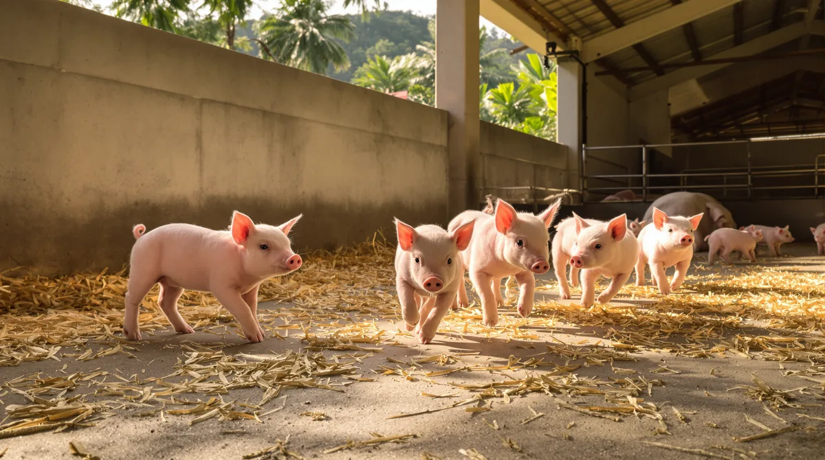 Weaned piglets running across rice straw in a sunny pen, a sow resting behind